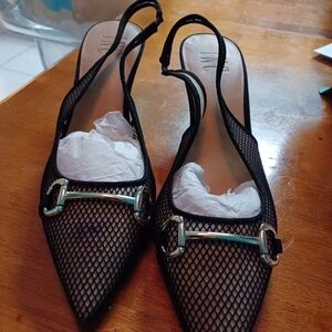 INC International Concepts Black Mesh Pointed Slingback Heels with Gold Hardware